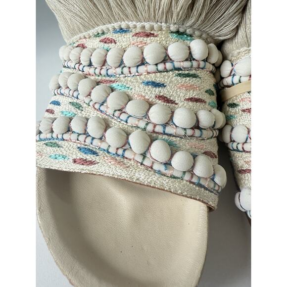 Chloé Nolan Tapestry Fringe Slides Sandals Size 36 Beige Boho Raffia Beaded Trim - Picture 10 of 14